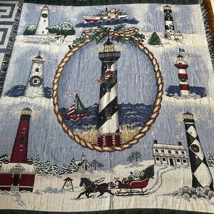 Christmas Lighthouses Tapestry Throw Blanket Goodwin Weavers Santa Claus